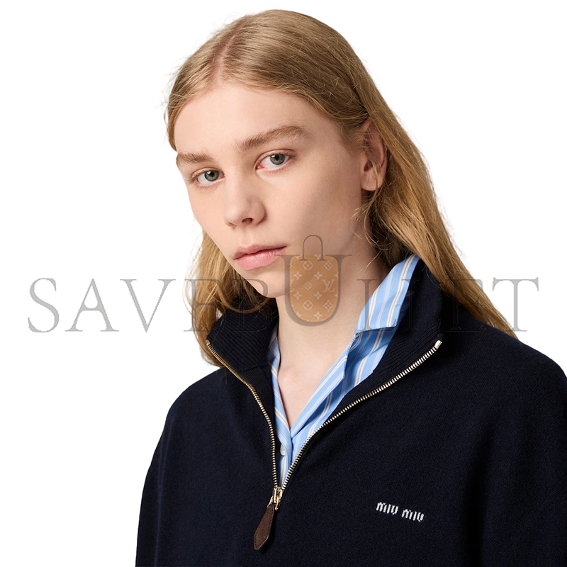 MIU MIU CASHMERE AND LEATHER ZIPPER SWEATER MMLB75